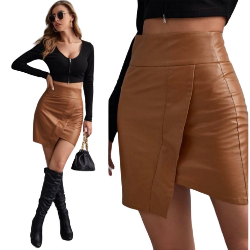 Vegan Leather Mini w/ Asymmetrical Skirt - Camel colored - NWT